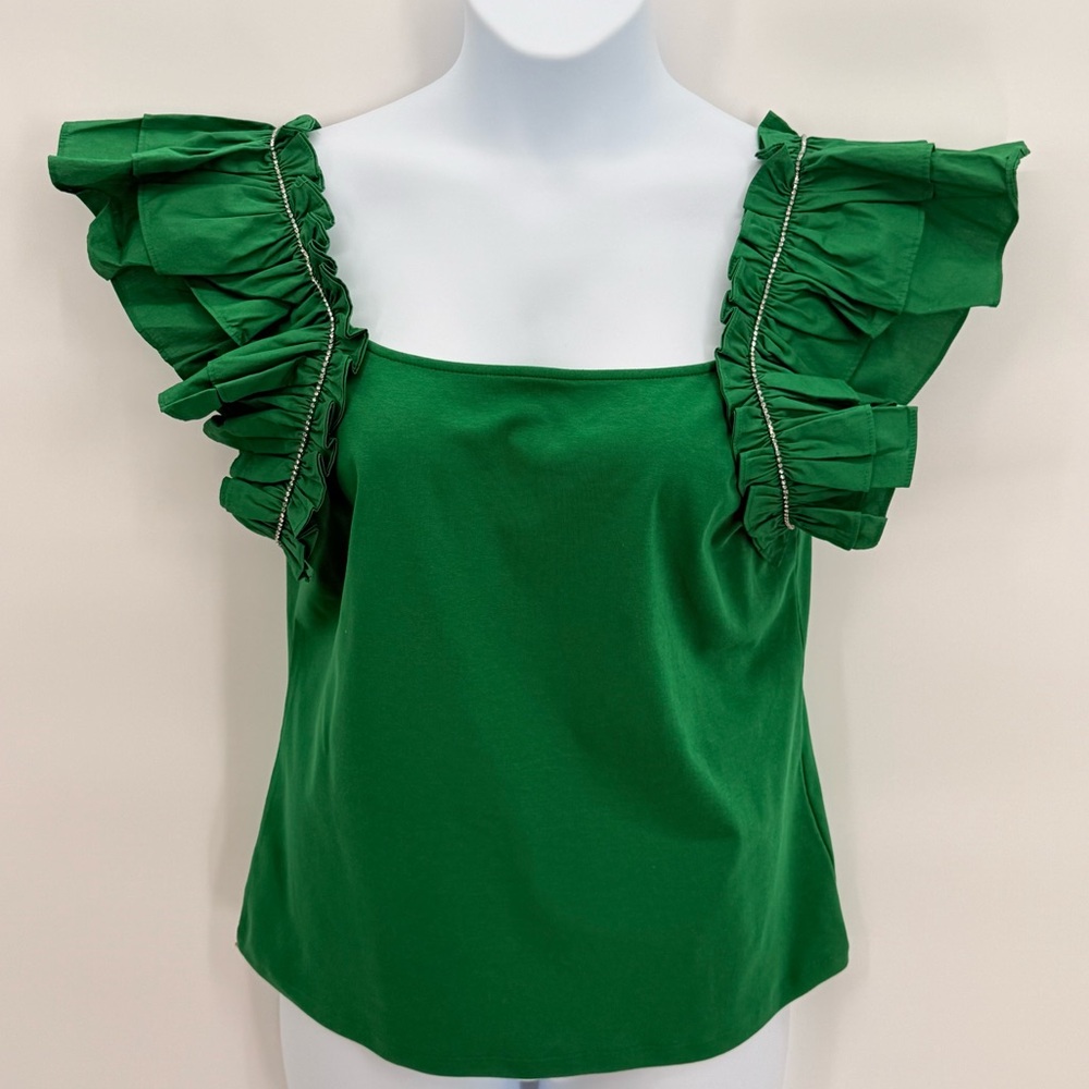 Marc New York Green Ruffle Rhinestone Trim Square Neck Top Blouse Large